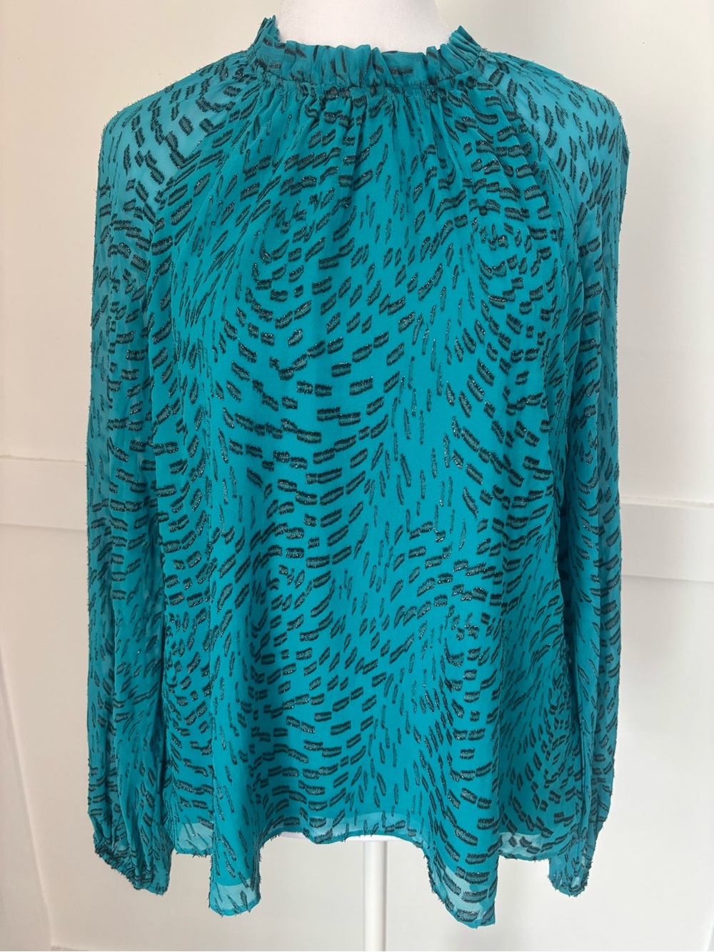 Lilly Pulitzer Teal Black Ruffled-Neck Long-Sleeve Blouse